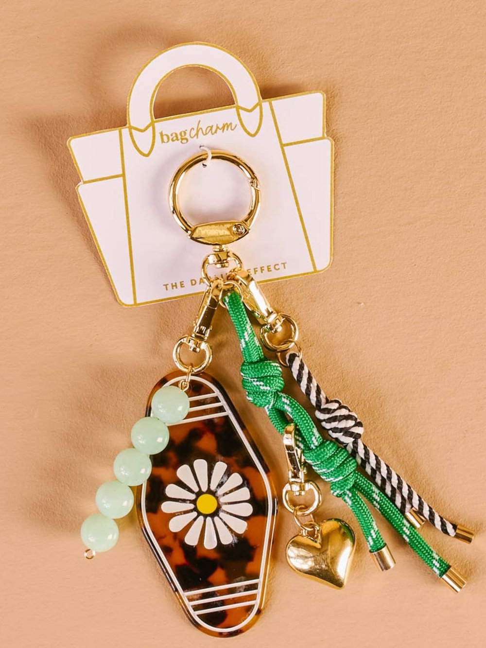 Green Daisy Bag Charm Key & Card Holder Accessory with Gold Heart